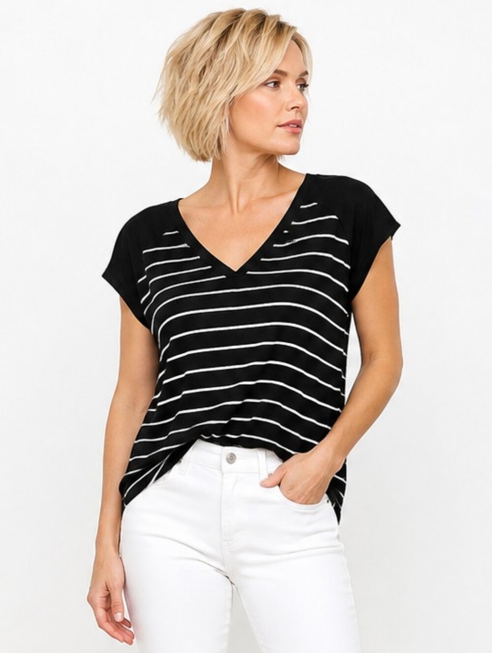 Adrienne Vittadini Rayon Stretch Striped V Neck Top S Oversized Coastal Chic